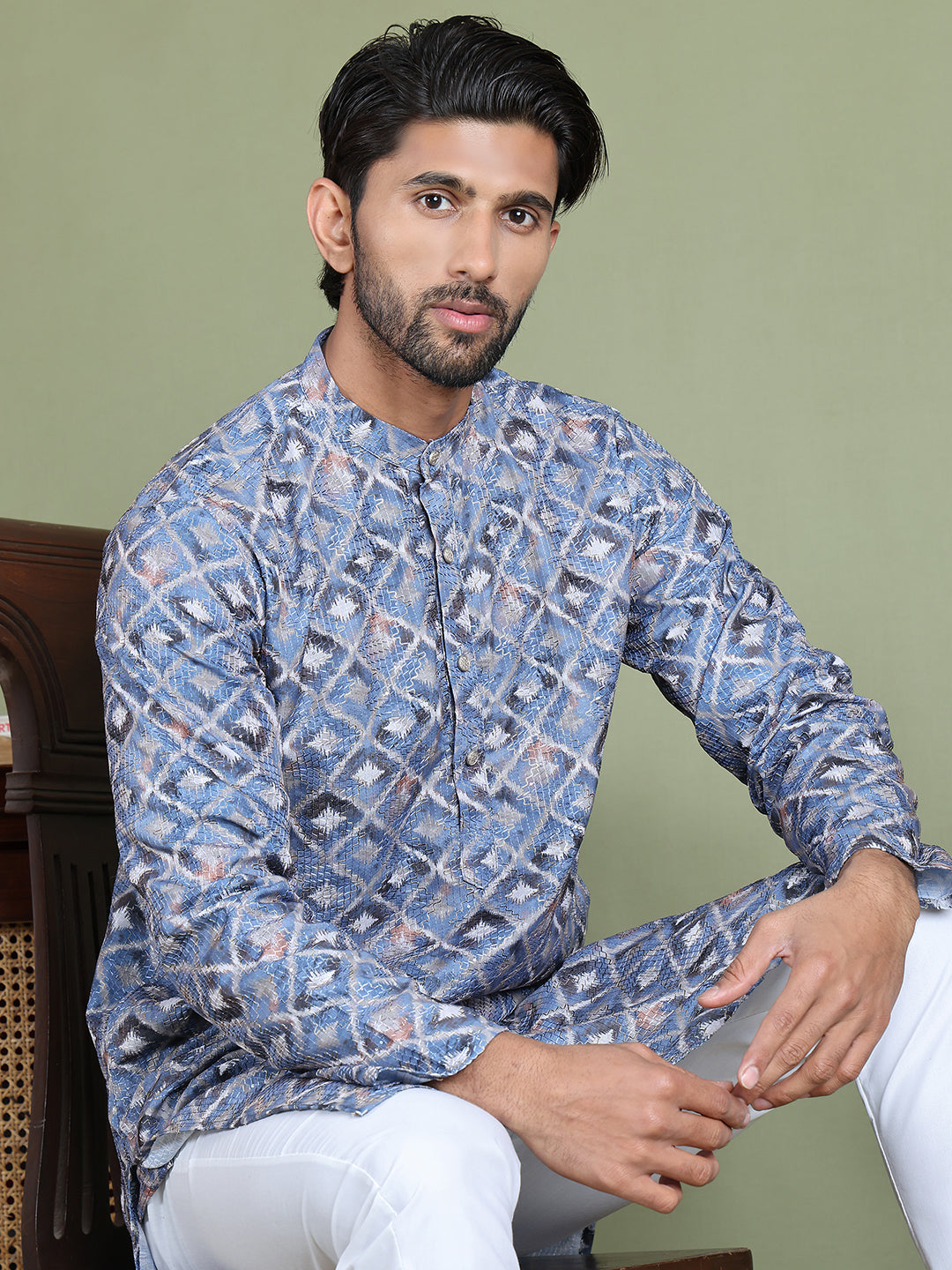 Embroidered And Printed Cotton Blend Kurta Pyjama.