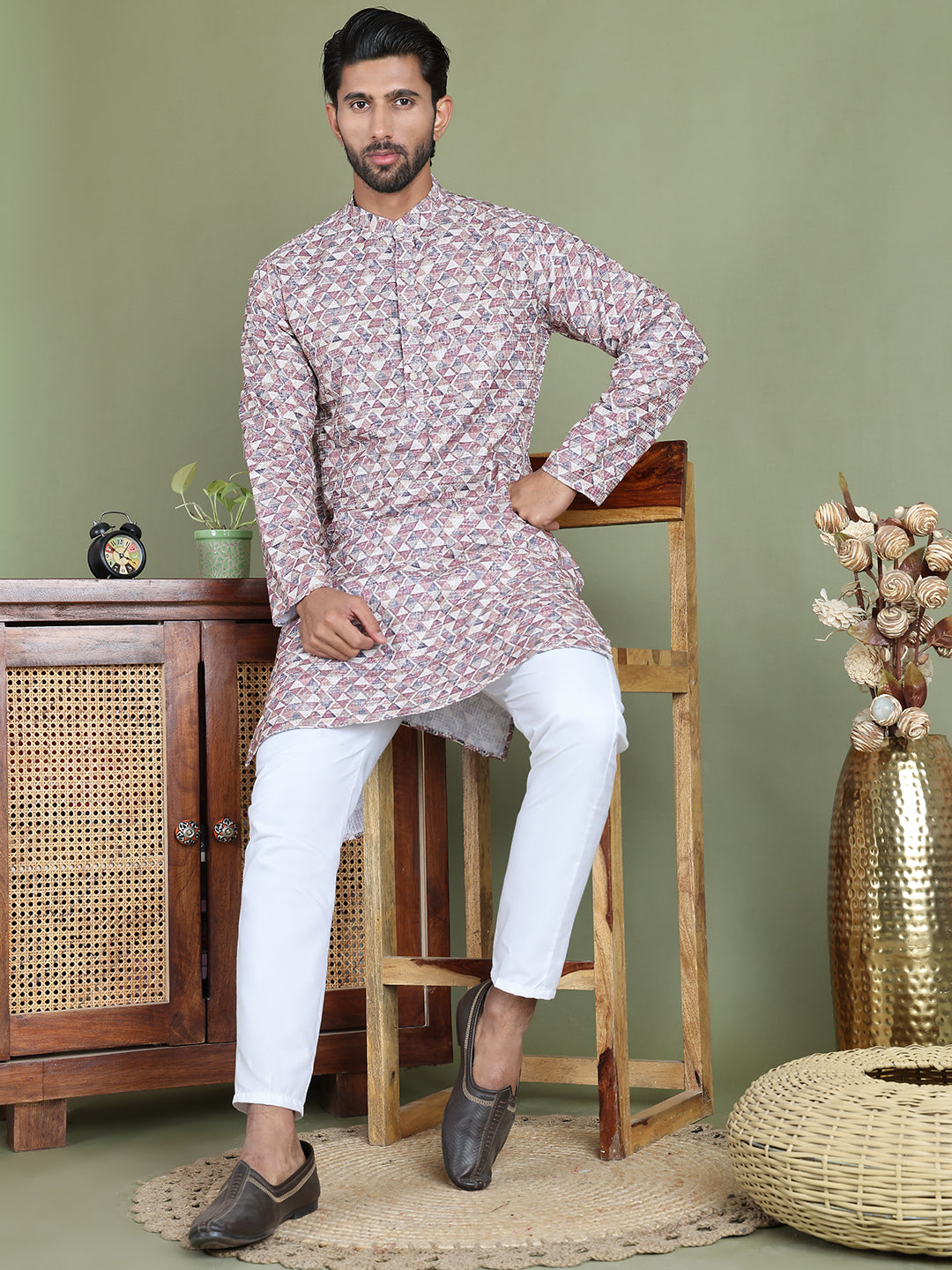 Embroidered And Printed Cotton Blend Kurta Pyjama.