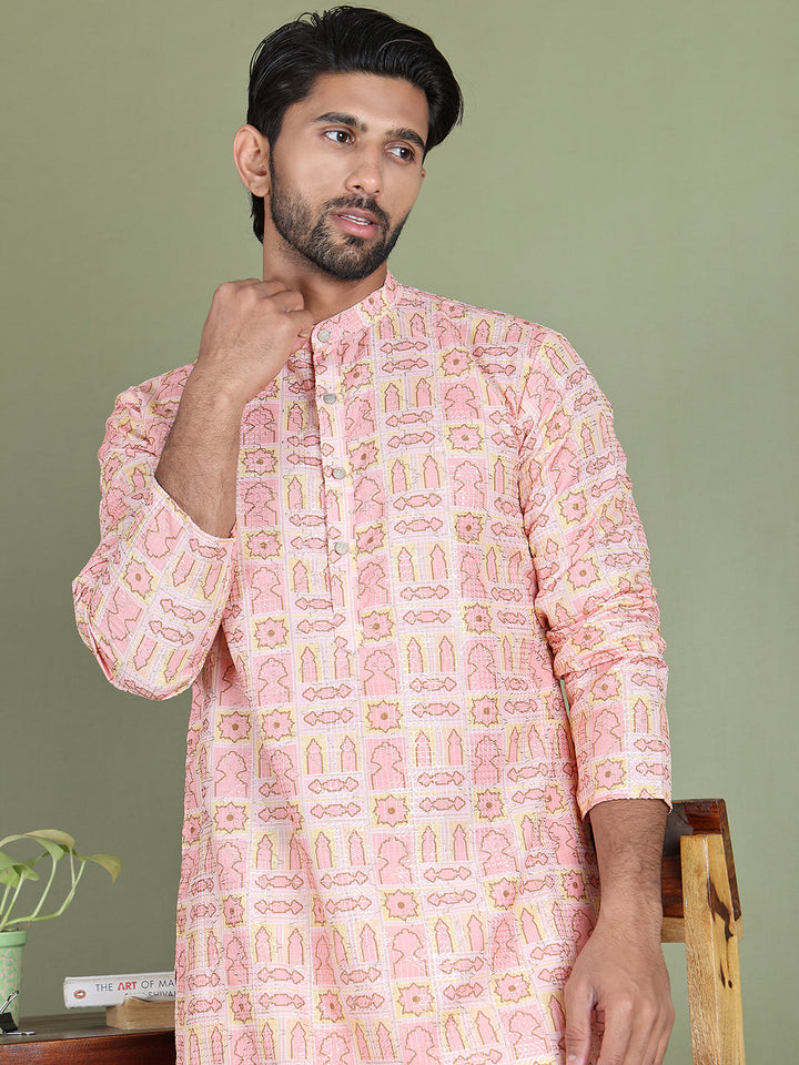 Embroidered And Printed Cotton Blend Kurta Pyjama.