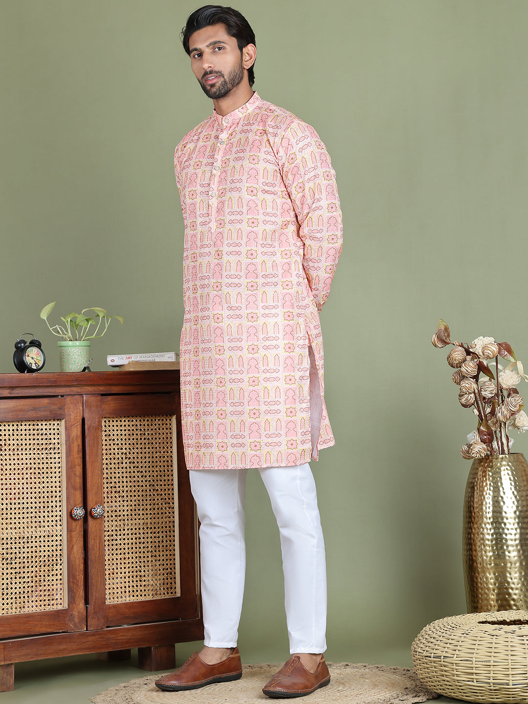 Embroidered And Printed Cotton Blend Kurta Pyjama.