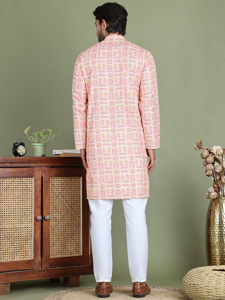 Embroidered And Printed Cotton Blend Kurta Pyjama.