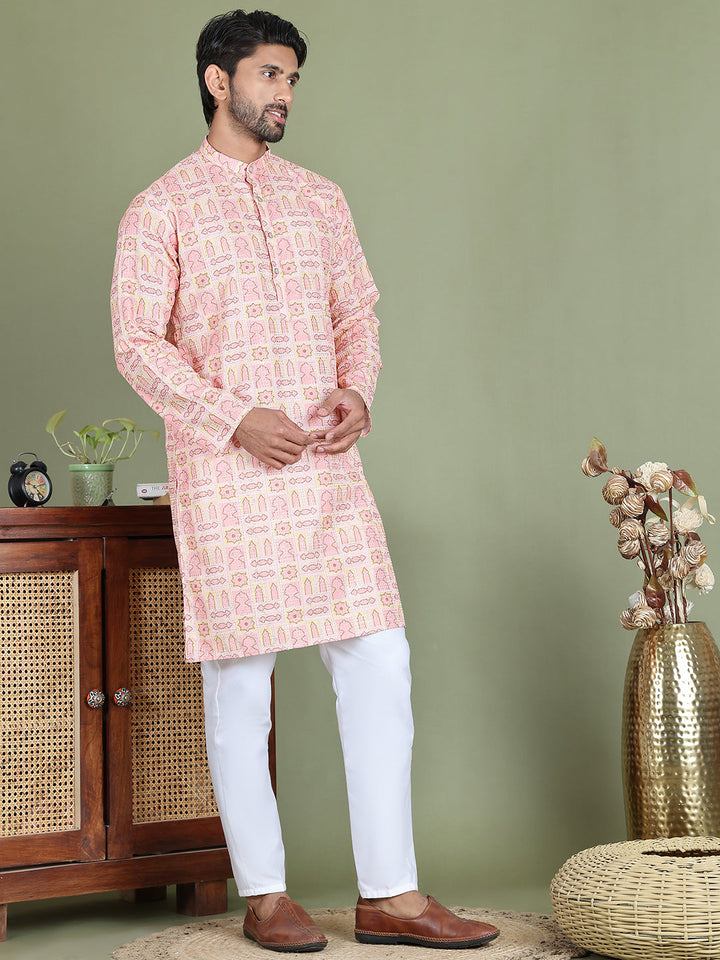 Embroidered And Printed Cotton Blend Kurta Pyjama.