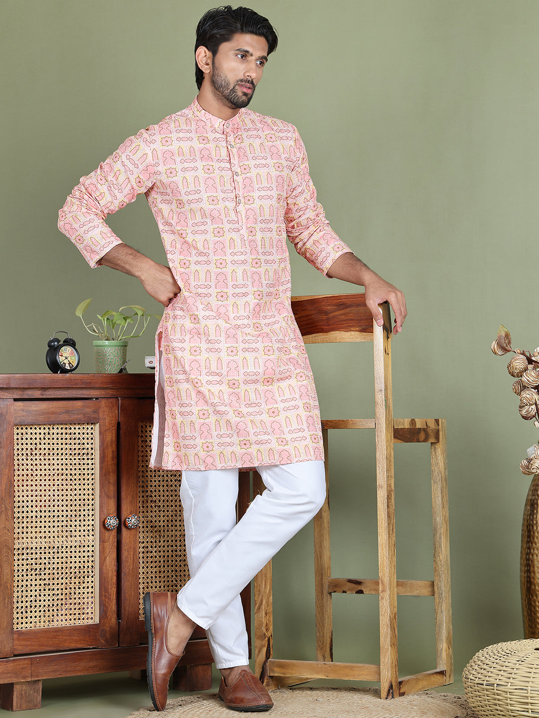 Embroidered And Printed Cotton Blend Kurta Pyjama.