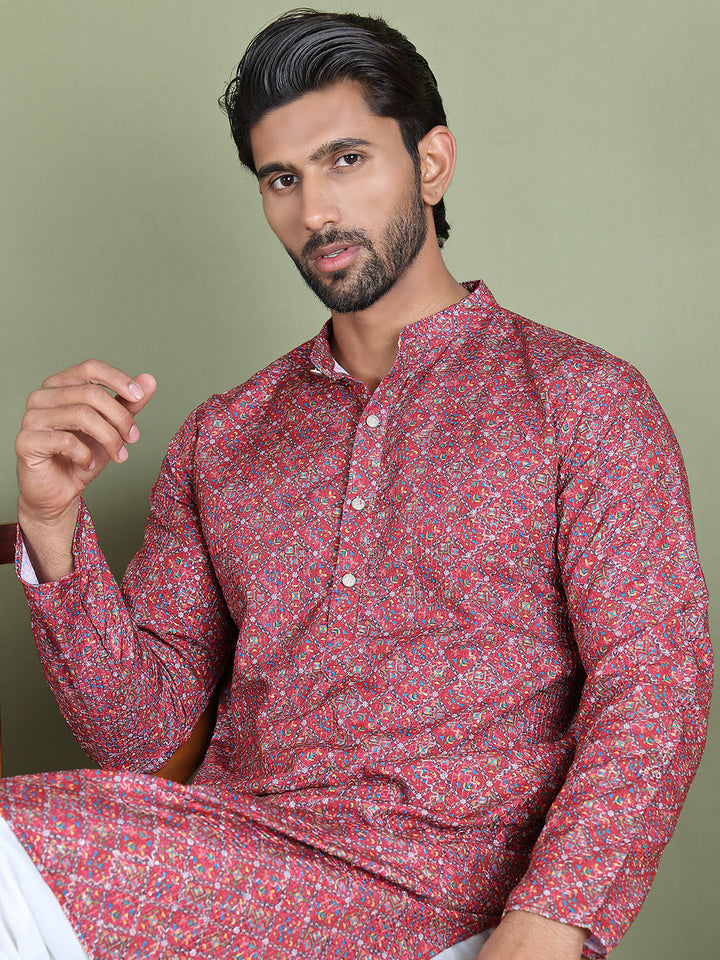 Embroidered And Printed Cotton Blend Kurta Pyjama.