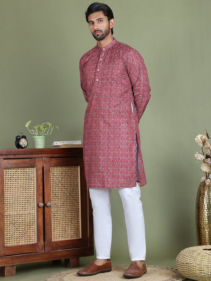 Embroidered And Printed Cotton Blend Kurta Pyjama.