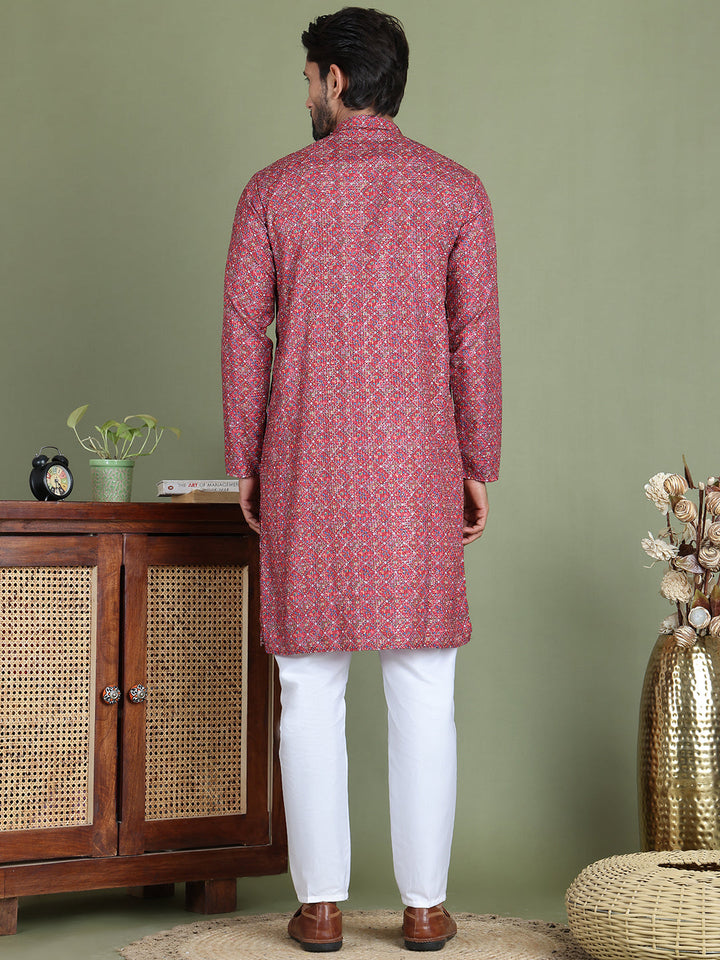 Embroidered And Printed Cotton Blend Kurta Pyjama.