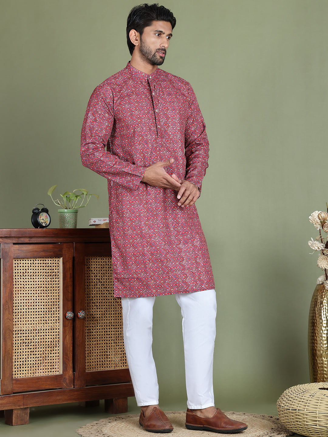 Embroidered And Printed Cotton Blend Kurta Pyjama.