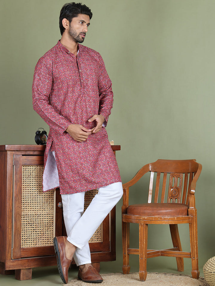 Embroidered And Printed Cotton Blend Kurta Pyjama.