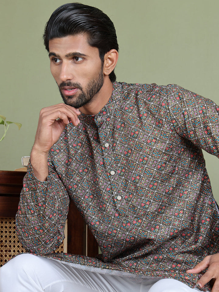 Embroidered And Printed Cotton Blend Kurta Pyjama.