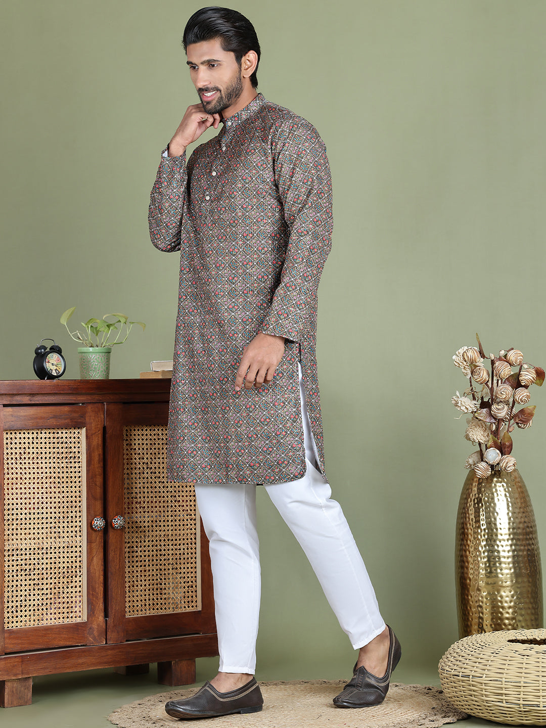 Embroidered And Printed Cotton Blend Kurta Pyjama.