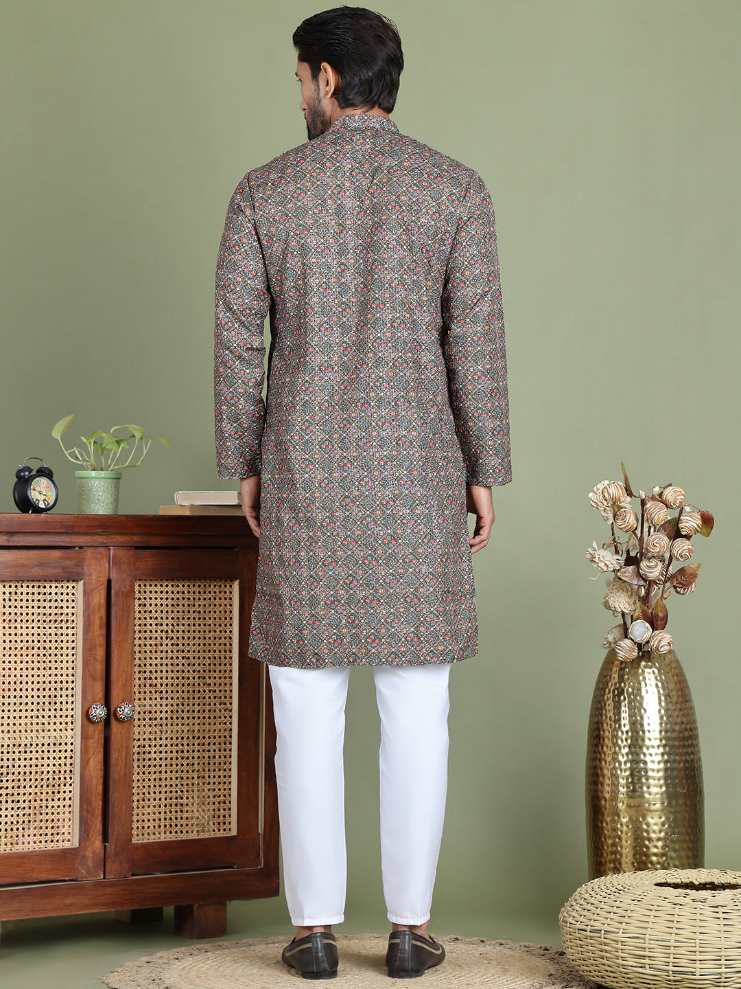 Embroidered And Printed Cotton Blend Kurta Pyjama.