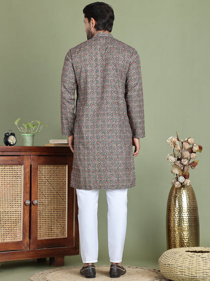 Embroidered And Printed Cotton Blend Kurta Pyjama.