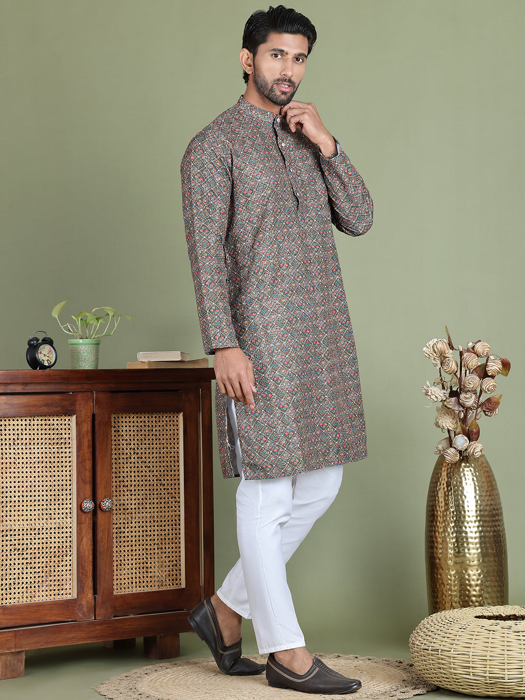 Embroidered And Printed Cotton Blend Kurta Pyjama.