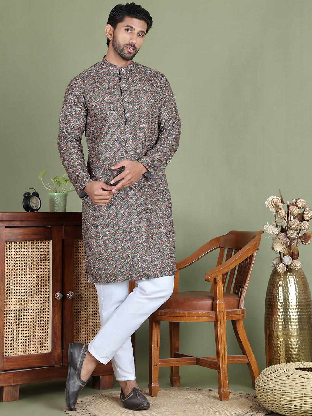 Embroidered And Printed Cotton Blend Kurta Pyjama.