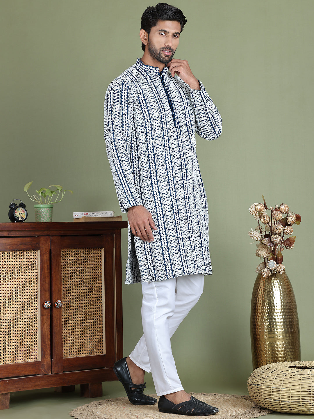 Embroidered And Mirror Work Kurta Pyjama Sets.