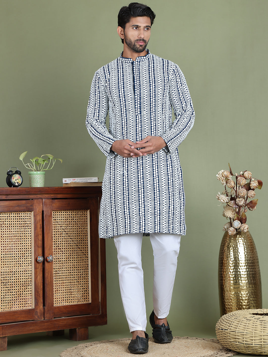 Embroidered And Mirror Work Kurta Pyjama Sets.