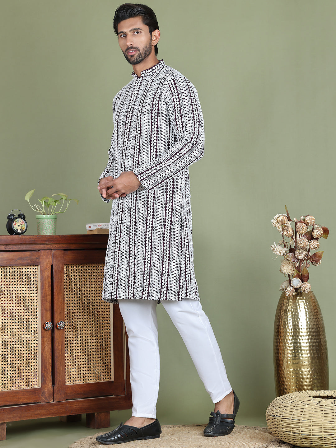 Embroidered And Mirror Work Kurta Pyjama Sets.