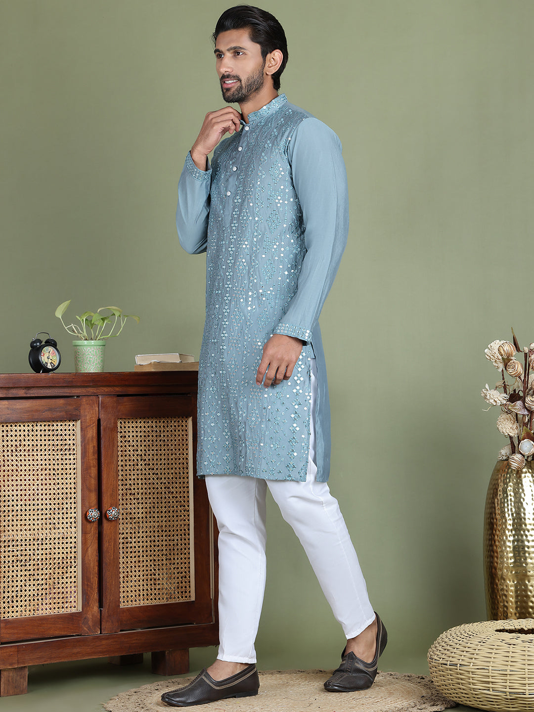 Embroidered And Mirror Work Kurta Pyjama Sets For Men