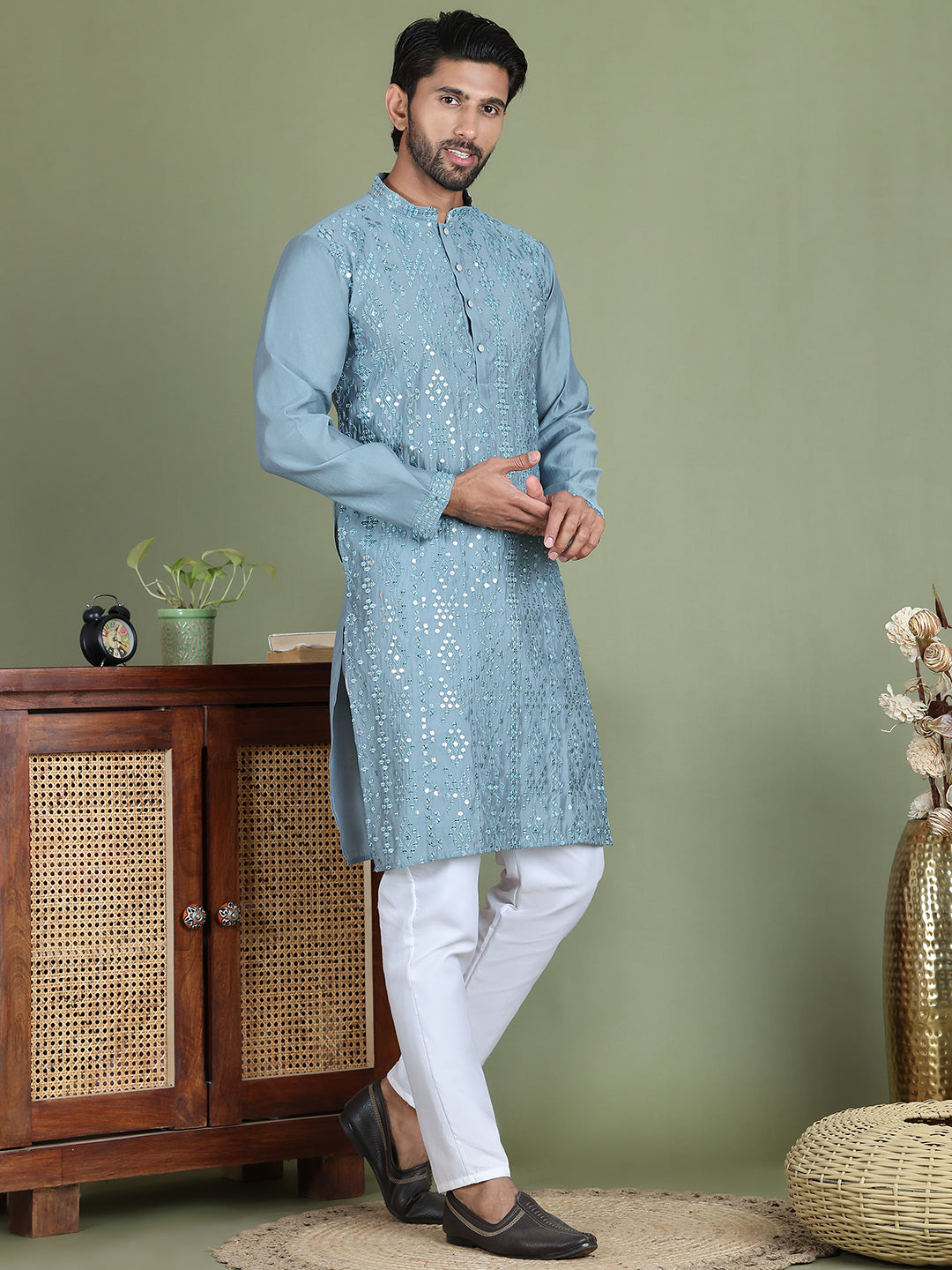 Embroidered And Mirror Work Kurta Pyjama Sets For Men