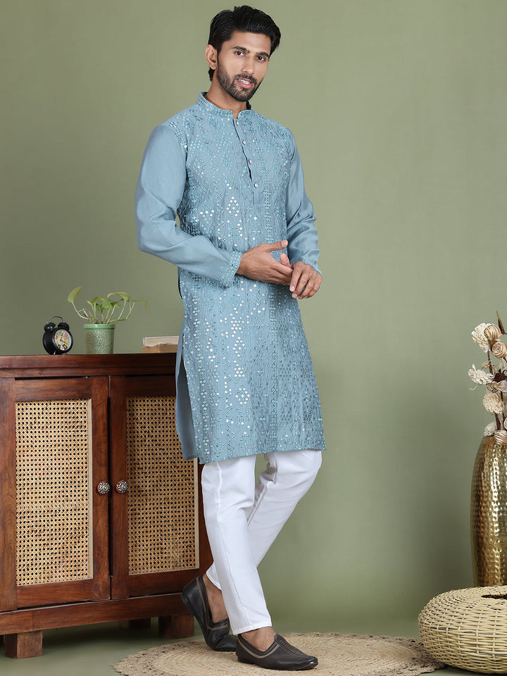 Embroidered And Mirror Work Kurta Pyjama Sets For Men