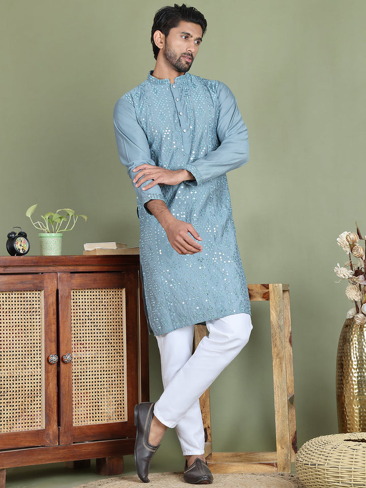 Embroidered And Mirror Work Kurta Pyjama Sets For Men