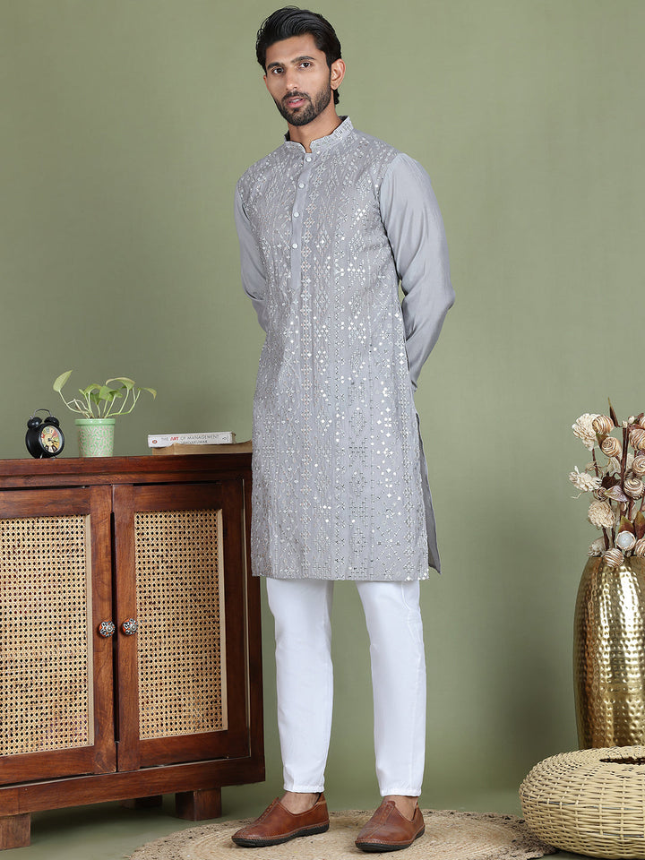 Embroidered And Mirror Work Kurta Pyjama Sets For Men