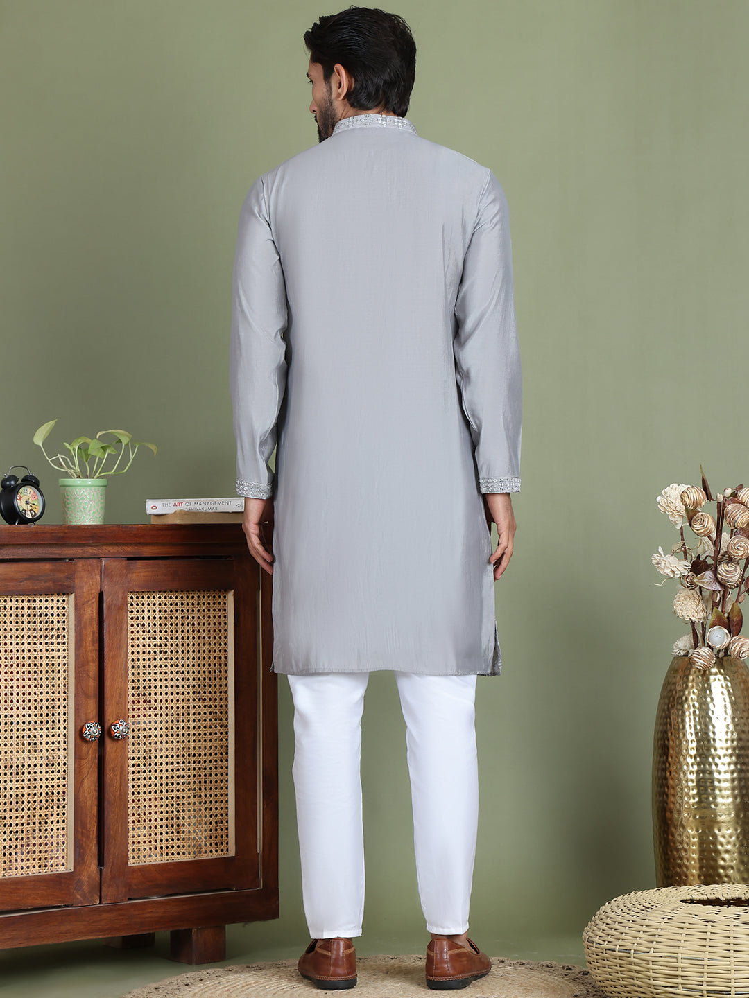 Embroidered And Mirror Work Kurta Pyjama Sets For Men