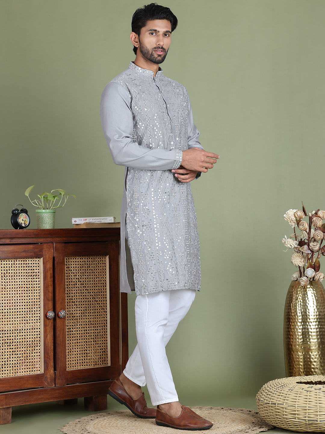 Embroidered And Mirror Work Kurta Pyjama Sets For Men