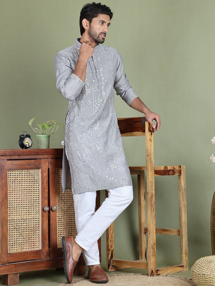 Embroidered And Mirror Work Kurta Pyjama Sets For Men