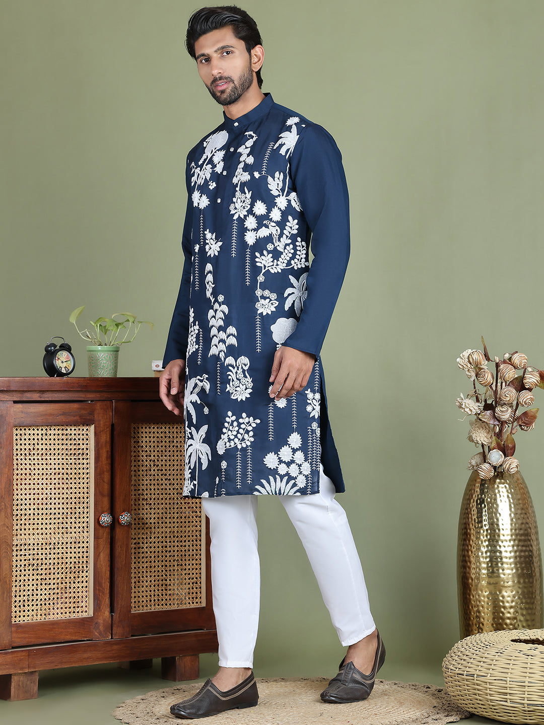 Embroidered Straight Kurta Pyjama Set.