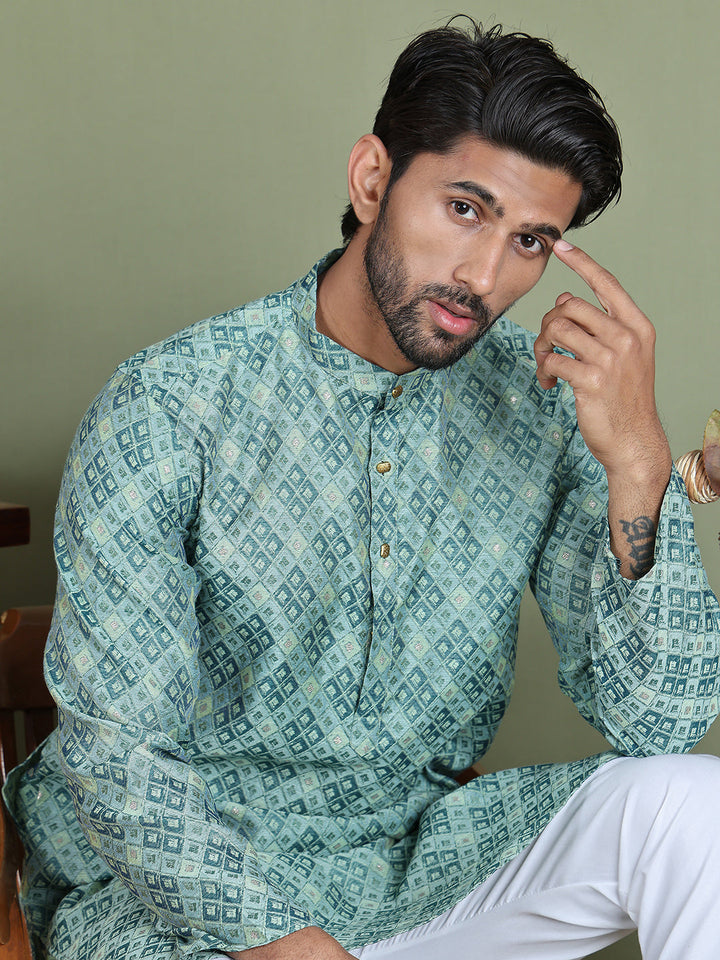 Blue Woven Design Straight Kurta Pyjama Set