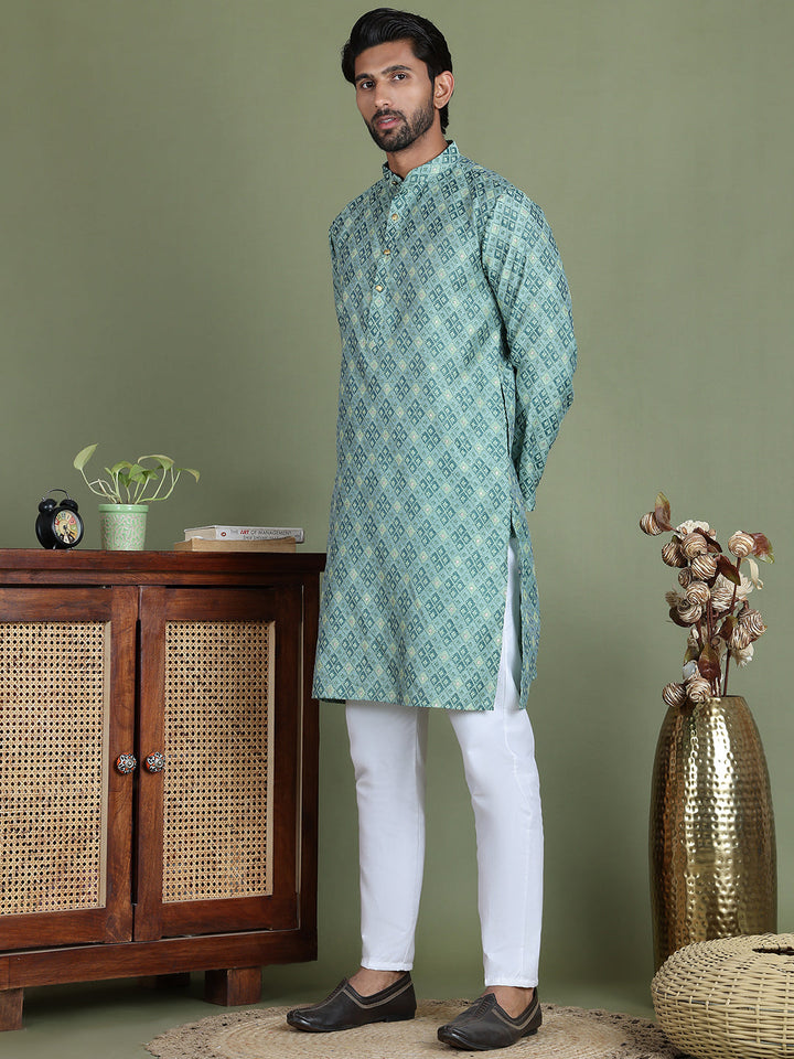 Blue Woven Design Straight Kurta Pyjama Set