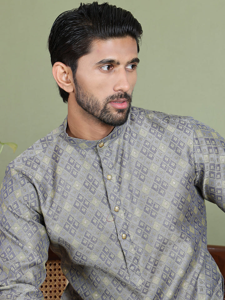 Grey Woven Design Straight Kurta Pyjama Set