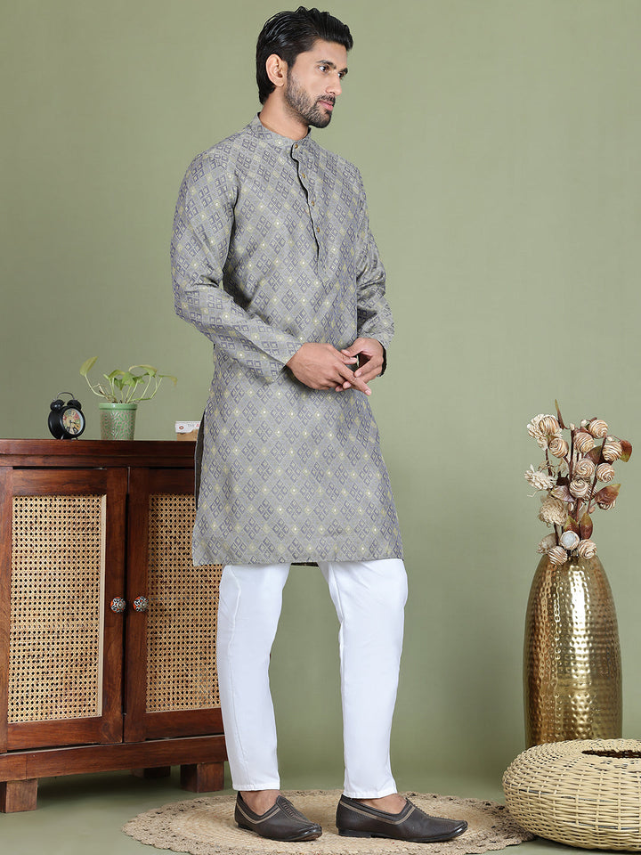 Grey Woven Design Straight Kurta Pyjama Set