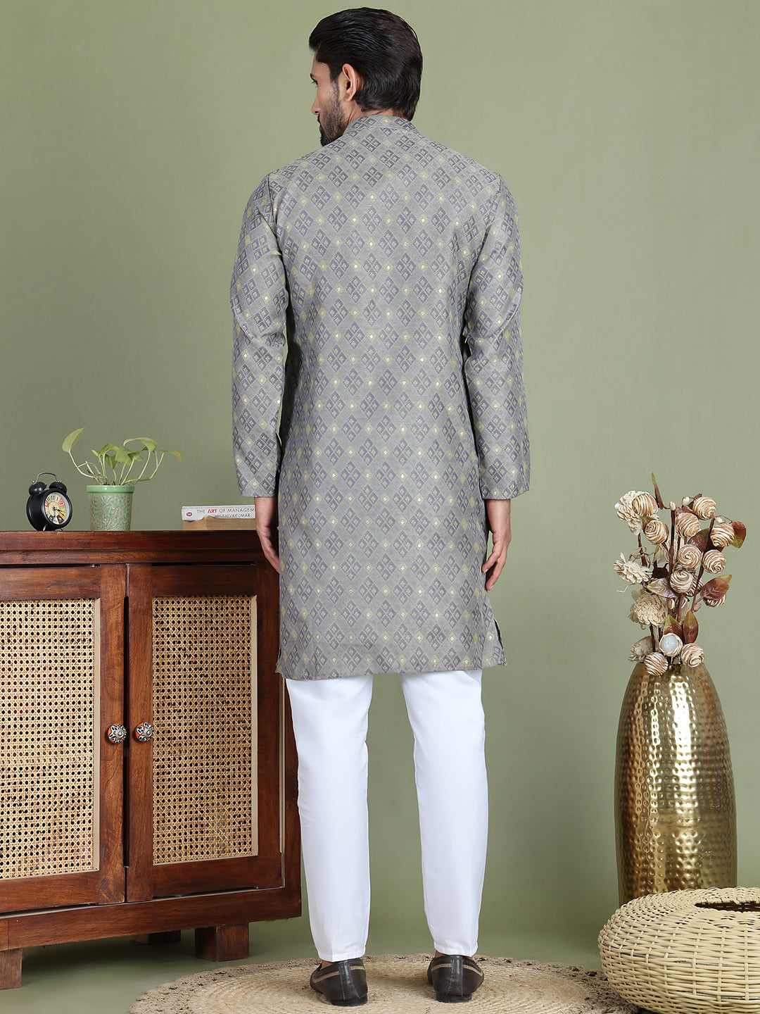 Grey Woven Design Straight Kurta Pyjama Set