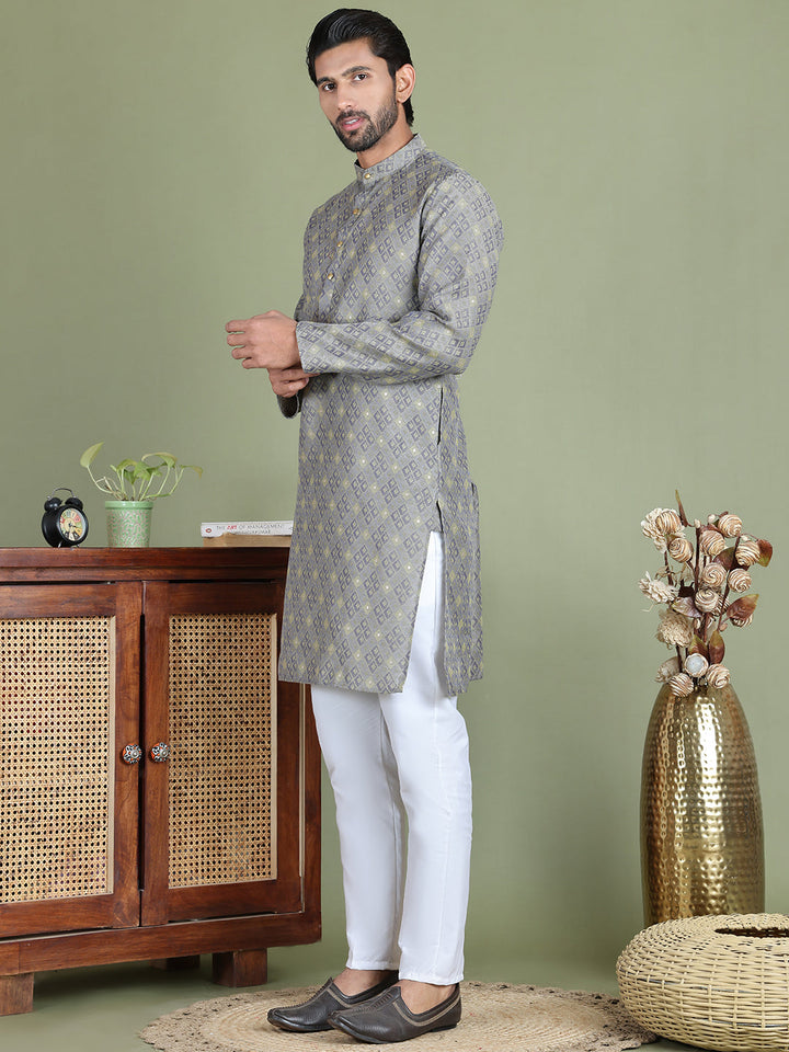 Grey Woven Design Straight Kurta Pyjama Set