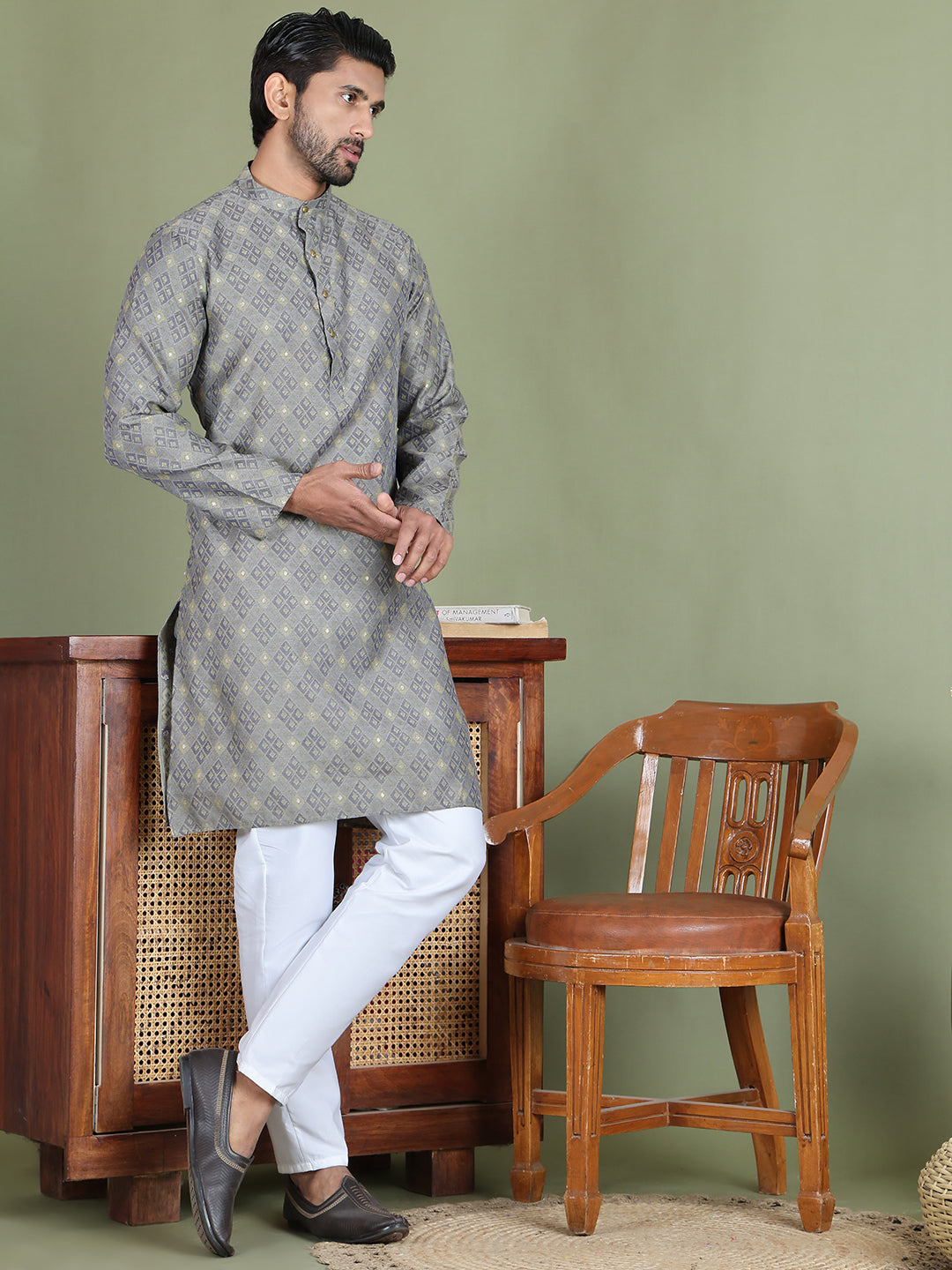 Grey Woven Design Straight Kurta Pyjama Set