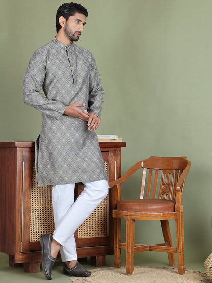 Grey Woven Design Straight Kurta Pyjama Set