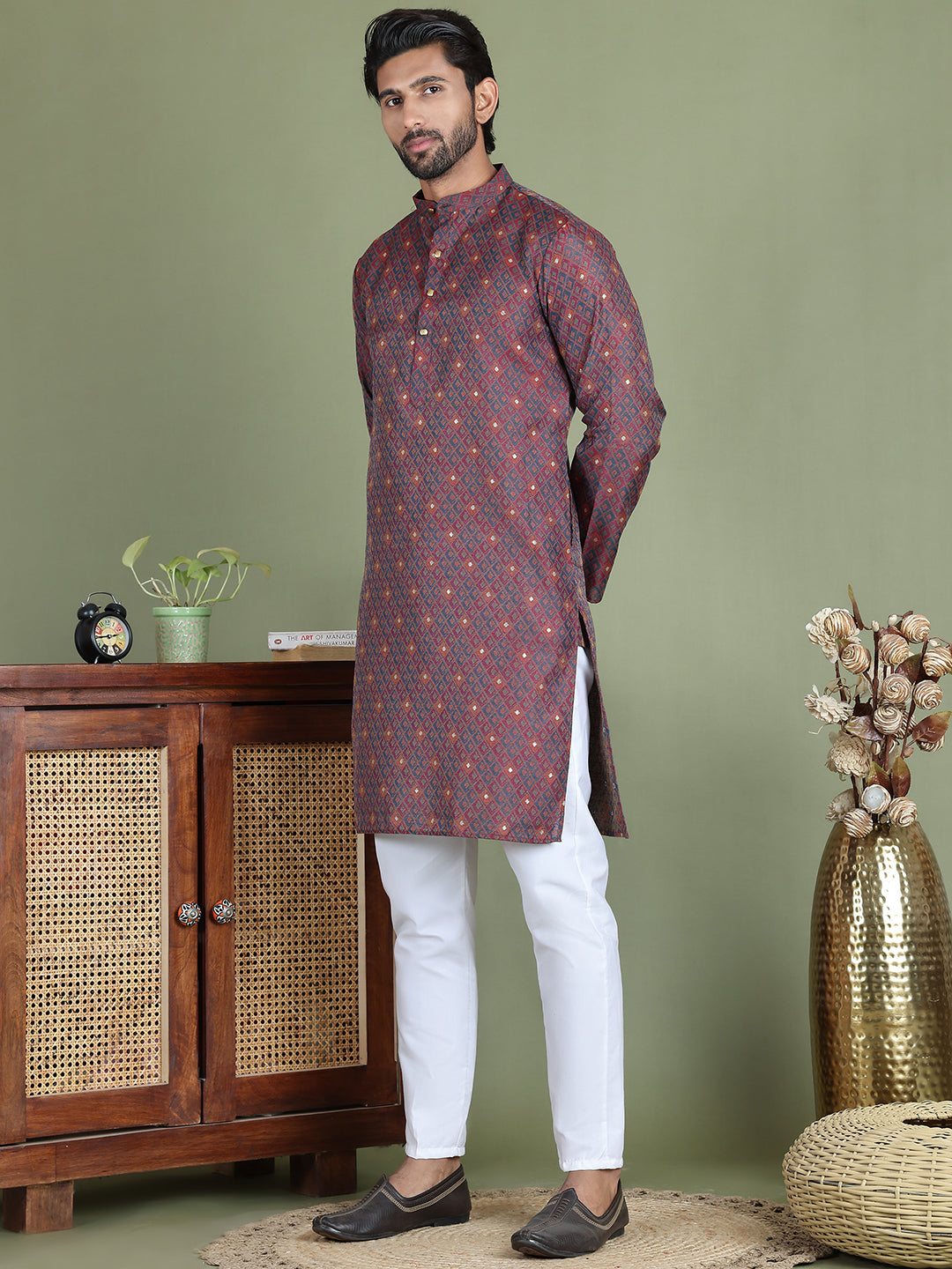 Maroon Woven Design Straight Kurta Pyjama Set