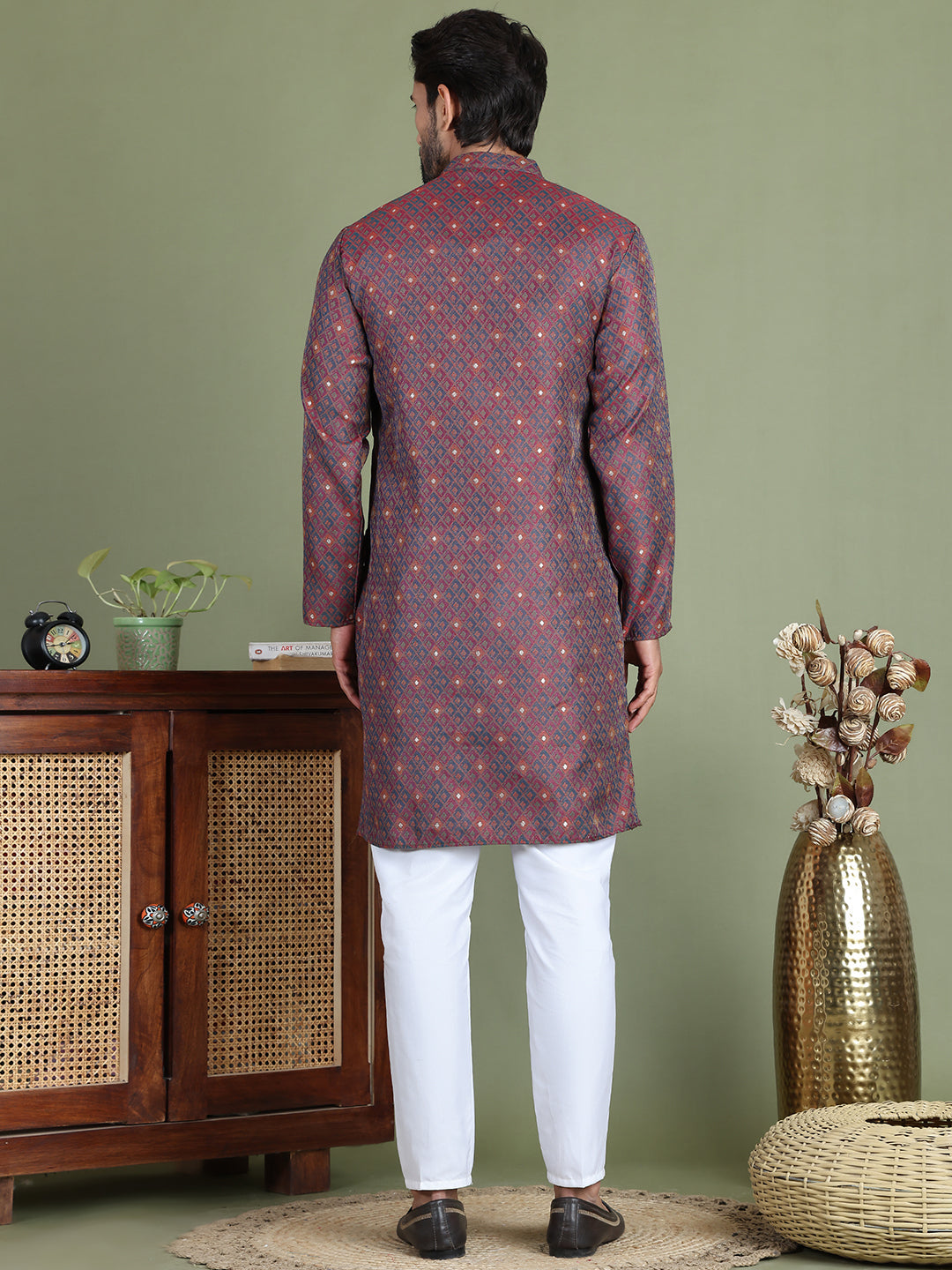 Maroon Woven Design Straight Kurta Pyjama Set
