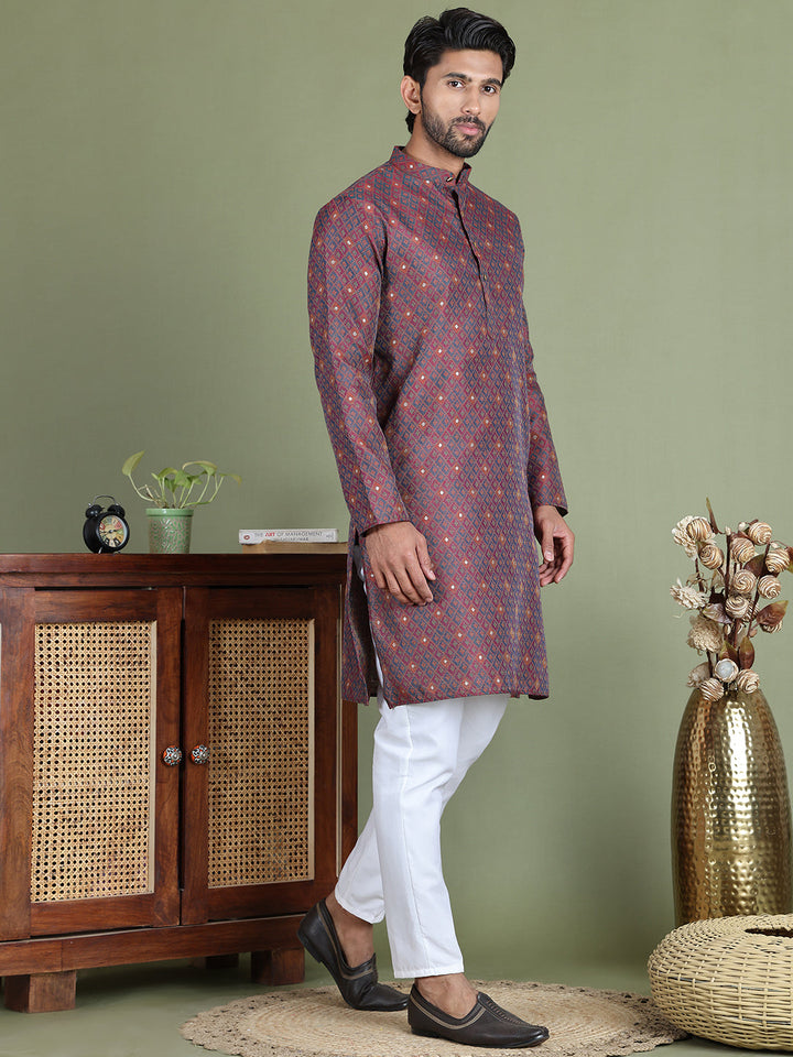 Maroon Woven Design Straight Kurta Pyjama Set