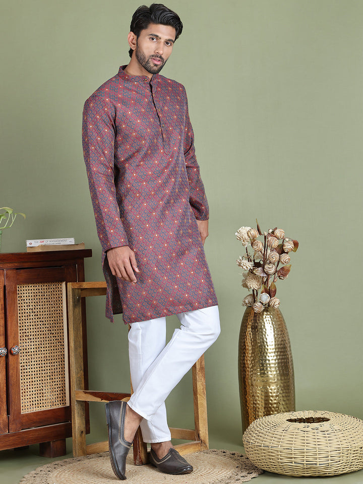Maroon Woven Design Straight Kurta Pyjama Set