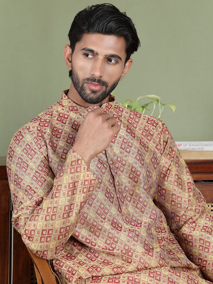 Yellow Woven Design Straight Kurta Pyjama Set