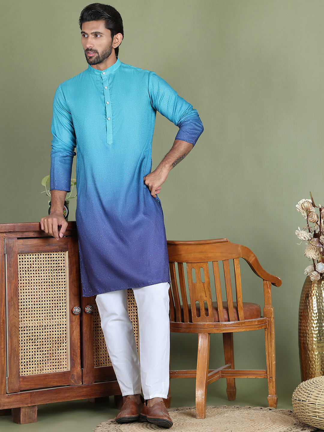 Sequins And Ombre Design Kurta Pyjama Set For Men