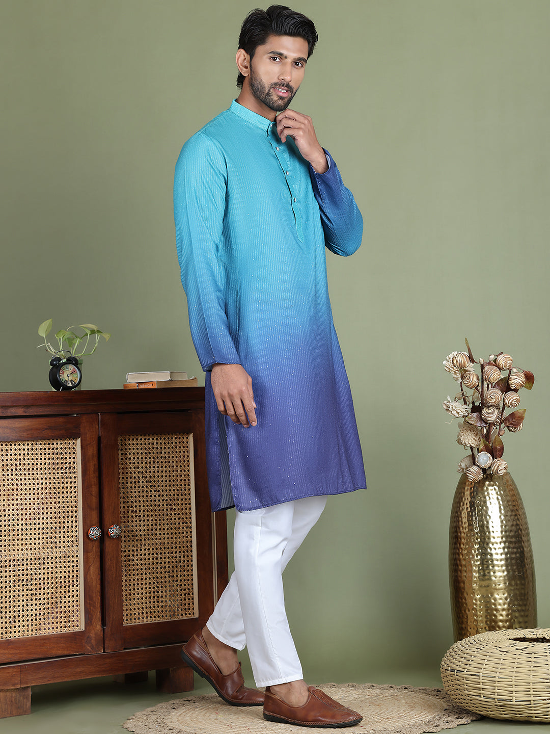 Sequins And Ombre Design Kurta Pyjama Set For Men