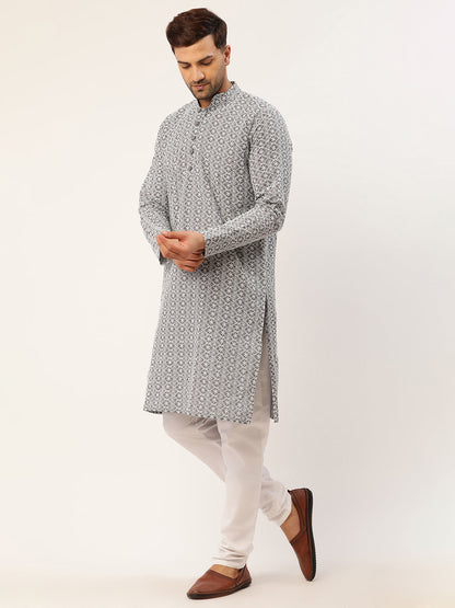 Men'S Grey & White Embroidered Straight Kurta Pyjama Set