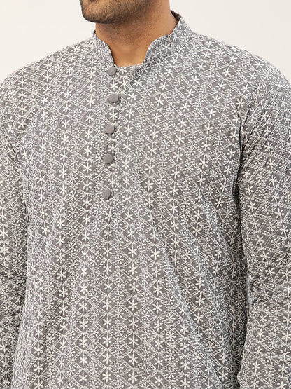 Men'S Grey & White Embroidered Straight Kurta Pyjama Set