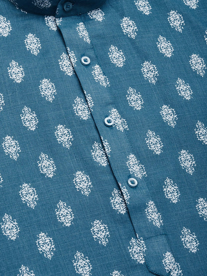 Men'S Cotton Floral Printed Kurta Pyjama Set