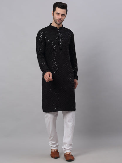 Men Black Chikankari Embroidered And Sequence Kurta With Churidar