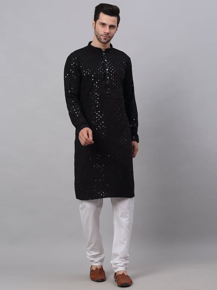 Men Black Chikankari Embroidered And Sequence Kurta With Churidar